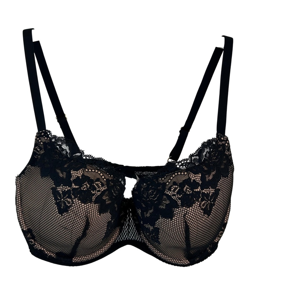Adore Me Black Lace Underwire Bra Floral Mesh Nude Lining 36DDD Gold Hardware